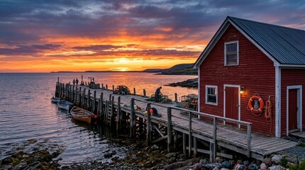 Fototapeta premium Coastal Red Boathouse at Sunset with Wooden Pier and Boats
