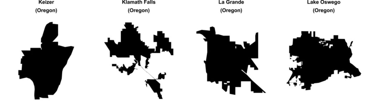 Keizer, Klamath Falls, La Grande, Lake Oswego outline maps
