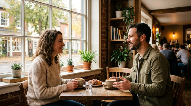 Couple enjoys coffee and conversation in cozy cafe with natural light and plants
