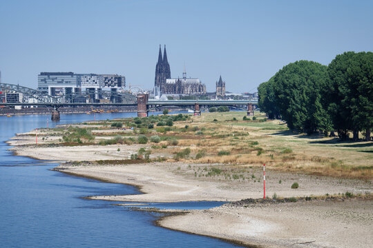 Wide panoramic view of Cologne skyline in July 2026: Dried out riverbanks at Poller Wiesen during extreme Rhine low water level of 74 cm