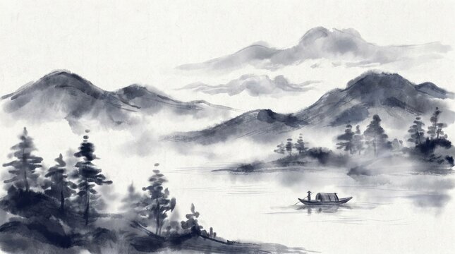Ink wash landscape painting mountain river boat mist
