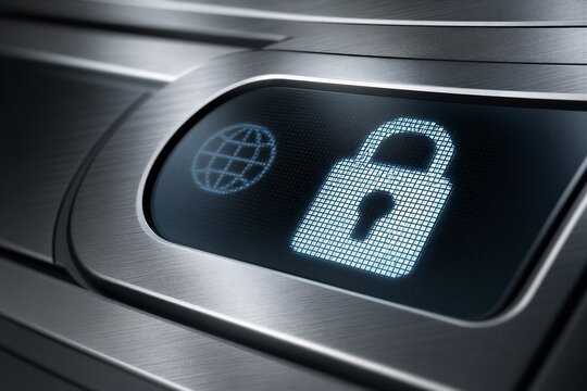 Industrial brushed metallic surface with elegant curves and reflections, featuring an LCD screen displaying a padlock symbol for cybersecurity.