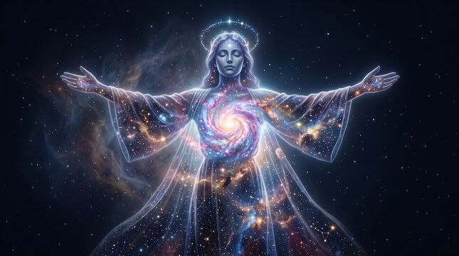 Cosmic Being with Swirling Galaxy Core and Halo in Starry Night Sky