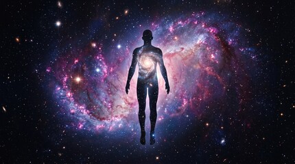 Fototapeta premium Human Silhouette Filled With Galaxy and Nebula Against Cosmic Starry Background