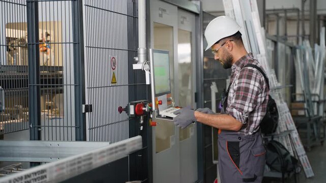 Factory engineer operating industrial cnc machinery computer