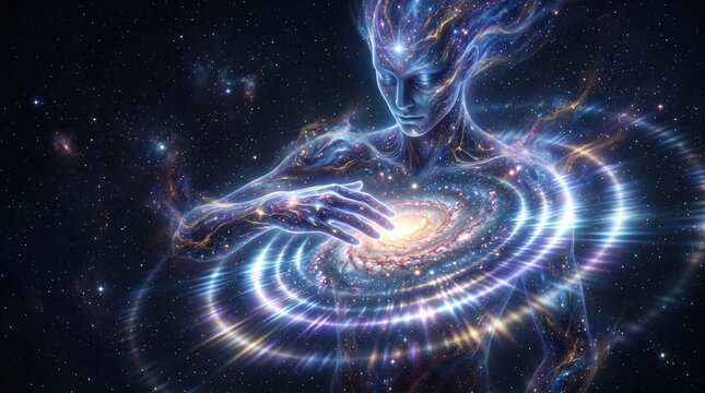 Cosmic Being Interacting With A Galaxy Illustrating The Vastness Of The Universe And Creation