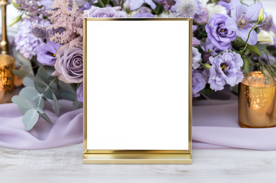 Gold framed wedding table sign mockup with blank vertical space and floral setting &ndash; ideal for menus, seating charts, table numbers and event signage