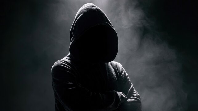 Hacker in a hoodie standing in dark smoke. Cyber criminal hiding face in mysterious shadow.