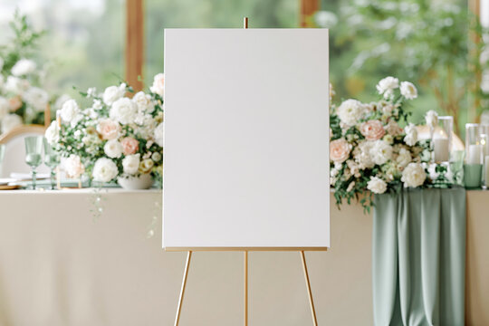 Wedding sign mockup displayed on a gold easel - suitable for event signage, seating charts, and reception stationery presentation