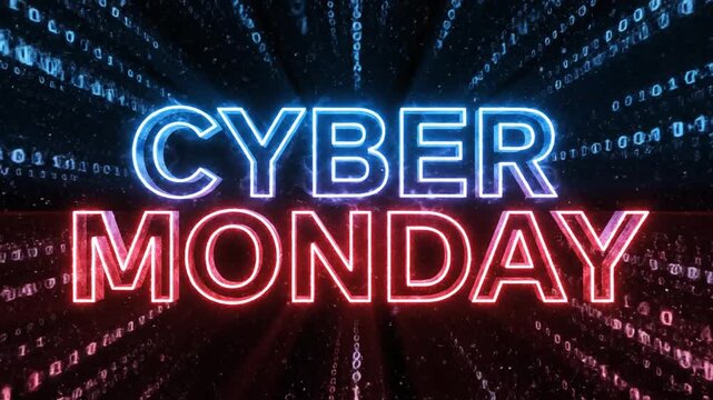 Neon Cyber Monday text glowing in blue and red