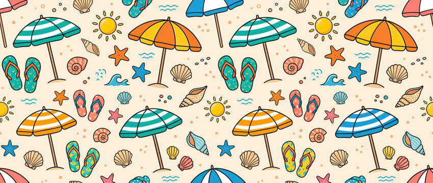 Hand-drawn beach pattern with umbrellas, flip-flops, and sun
