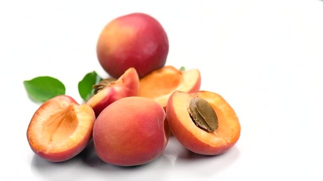 Apricots. Close-up of fresh organic apricot fruits isolated on white background. Fresh bio apricot with leaves, rotating 