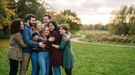 Fototapeta premium Diverse group of friends embracing joyfully in a park during autumn with warm sunlight