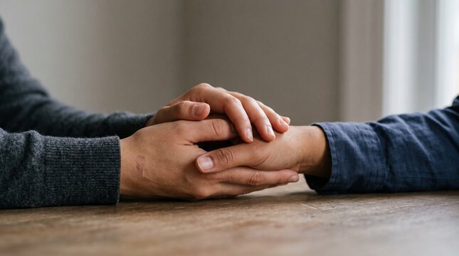 Two people holding hands on a wooden table showing support and comfort