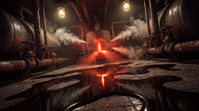 Concept of a sinister eerie boiler room in an abandoned school basement with a glowing furnace and dark ominous oil leak