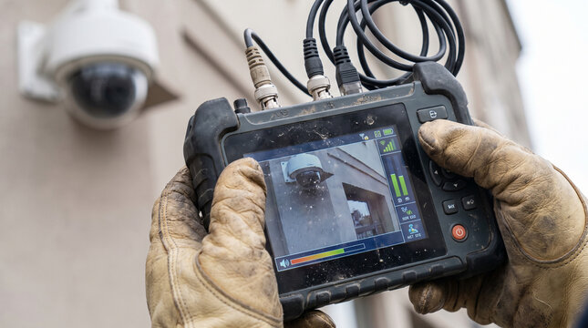 Handheld rugged CCTV camera tester tool in technician's gloved hands. Screen shows live video feed and graphical network stats. Blurred corner dome camera background.
