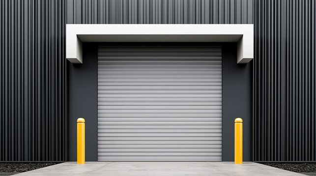Modern commercial garage door closed on industrial building. Heavy-duty steel overhead rolling shutter for warehouse security and storage access.