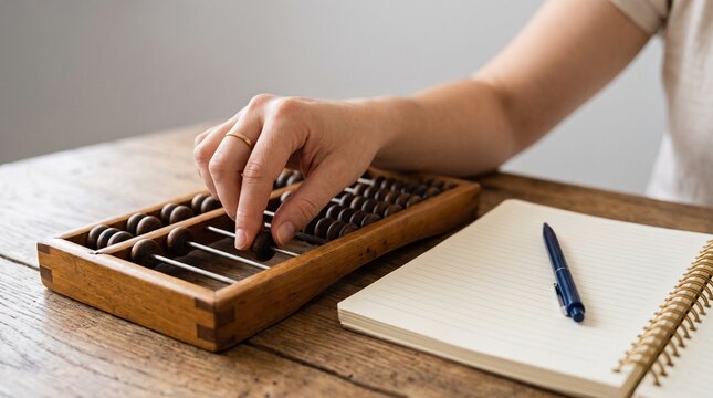 Close up of a person's hand using an antique wooden abacus next to a notebook and pen