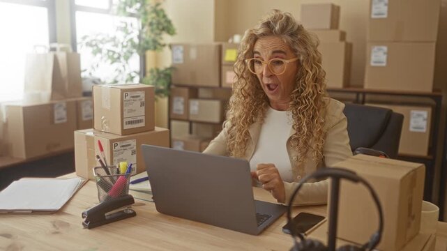 Woman with laptop and stacked shipping boxes raises arms in a small business packing room inside a building; joy success.