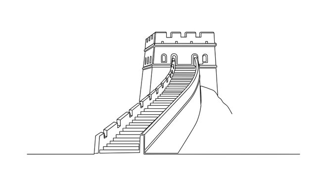 great wall of china vector continuous line art drawing featuring watchtower tower and stairs Asian historic landmark architecture isolated minimal sketch element for travel design