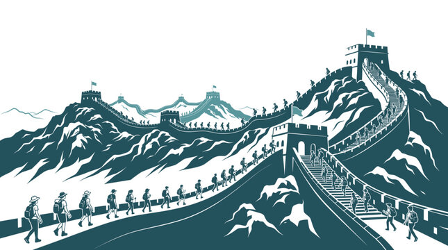great wall of china vector illustration featuring tourists hikers walking along famous Asian landmark fortress watchtowers over mountain landscape travel panorama artwork