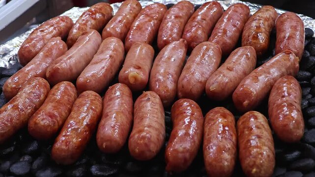 Grilled Pork Sausages Roasting on Charcoal at Night Food Market. Close Up of Traditional Barbecue Snack, Hot Fresh Street Food, Outdoor Festival Catering