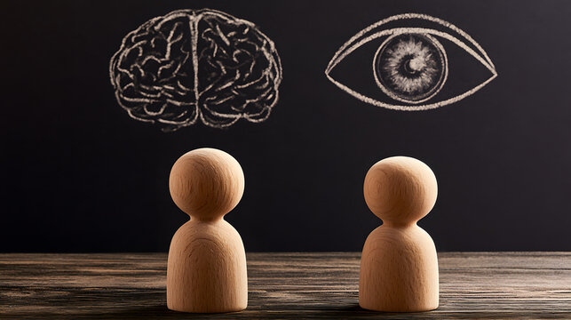 Wooden figures directed toward the chalkboard, featuring a brain and an eye, represent thought and perception.