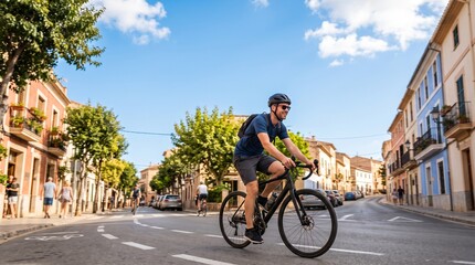 Fototapeta premium Man cycling on a sunny day through a picturesque European town street with colorful buildings