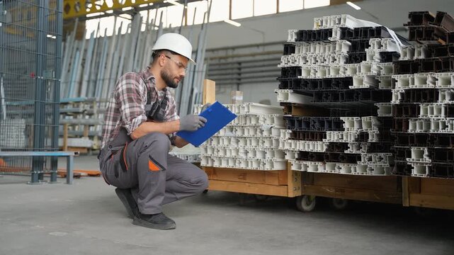 Warehouse worker inspecting pvc profiles with a clipboard