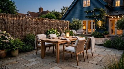 Fototapeta premium Cozy Backyard Patio with Dining Set and Garden Lights