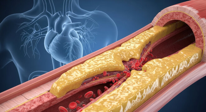 Arterial plaque buildup inside damaged human blood vessel showing fatty deposits narrowing artery wall obstructing healthy cardiovascular blood flow.
