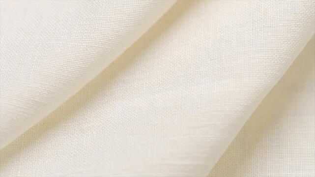 Cotton with linen fabric folds, white homespun vintage fabric, natural eco folded linen background. Bio textile material backdrop, canvas top view, close up, rotating. 