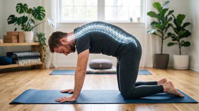 Man performing yoga cat cow pose with glowing spine visualization for spinal health awareness