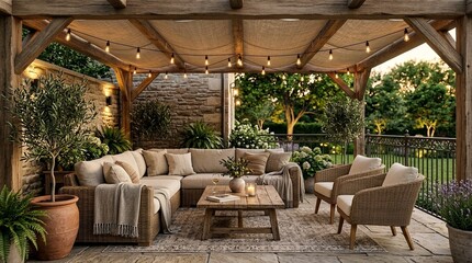 Fototapeta premium Cozy Backyard Pergola with Sectional Sofa and String Lights