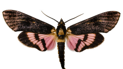 Isolated vibrant pink and black moth with wings spread, beautiful insect specimen detail © Francisco