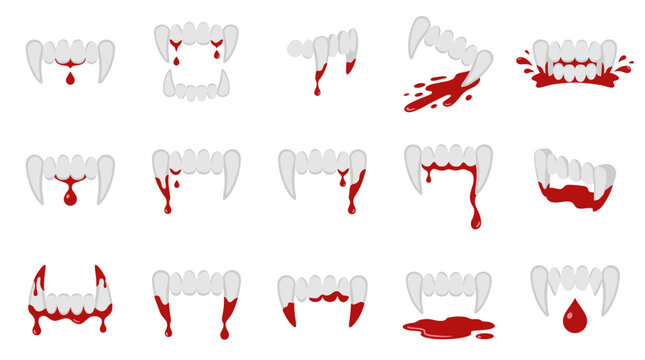 vampire teeth vector blood fang set featuring sharp dripping red bloody fangs halloween horror monster jaws dangerous bite isolated graphic icon collection for scary design art