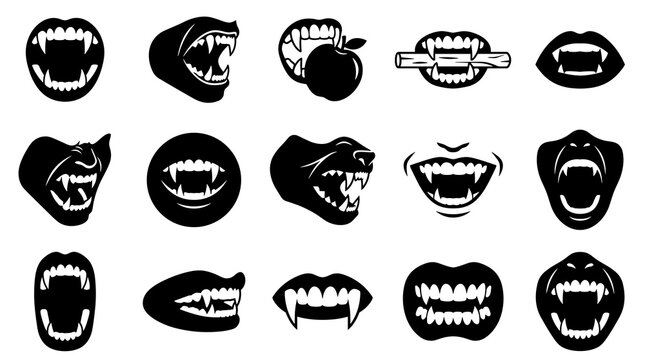 vampire teeth vector mouth silhouette set featuring open lips sharp fangs biting apple monster jaws halloween horror black icon collection for gothic party decoration design