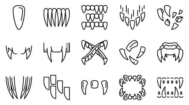 vampire teeth vector fang line icon set featuring sharp monster fangs spooky mouth shapes halloween dangerous jaws isolated outline elements for horror gothic graphic design