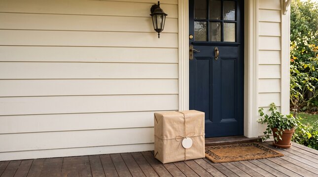 Brown paper package tied with string left on a wooden porch next to a dark blue front door