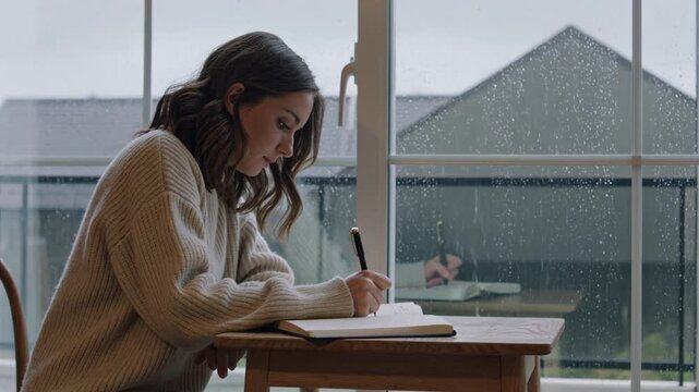 Young woman writing in a notebook by a rainy window. Cozy indoor journaling on a rainy day. Thoughtful female diary writing concept