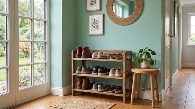 Cozy Home Entrance With Shoe Rack, Green Walls, Round Mirror and Wooden Stool