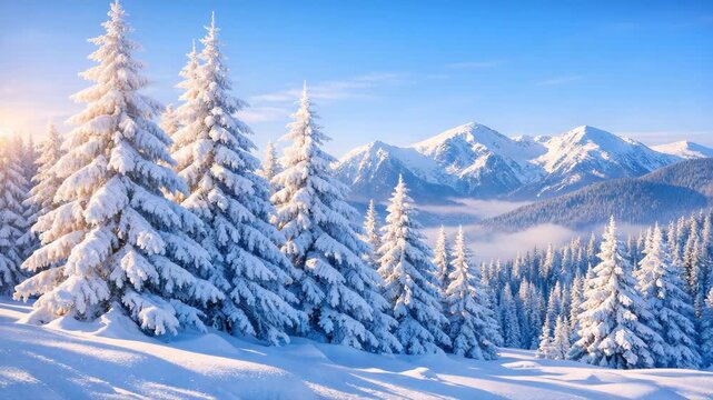 Snow blankets tall pine trees under clear blue sky. Mountains rise misty in distance, bathed in morning light. Sun glows softly behind frosted branches, casting gentle shadows