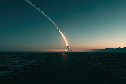Space rocket launch at twilight. Powerful missile trajectory rising into the night sky.