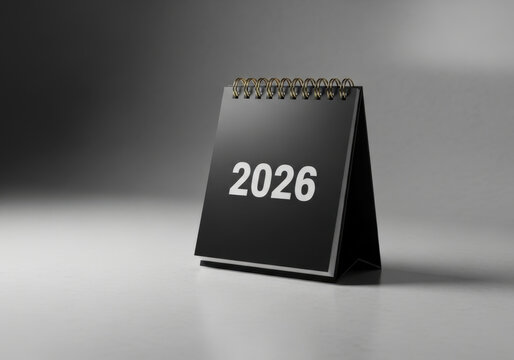 Black desk calendar spiral bound standing on flat grey floor showing year two zero two six reflecting minimalist design and planning purpose.
