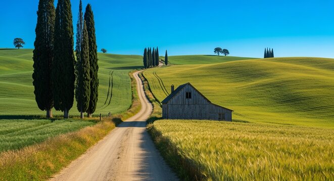 Rolling hills, golden fields, lone farmhouse, tall cypress trees and a dirt road. Rustic, sun-drenched pastoral scene