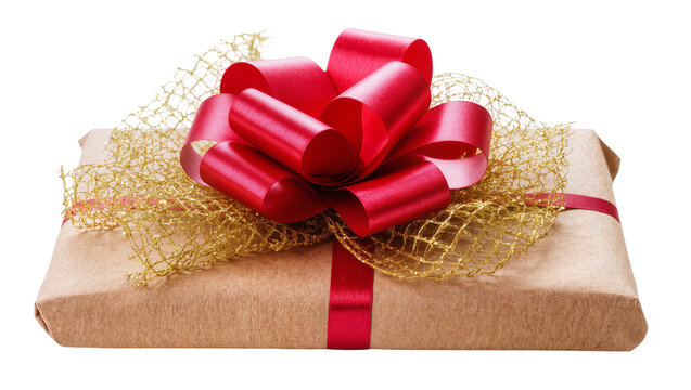 Isolated charming celebration gift box with rustic brown paper, shiny red bow, and golden netting