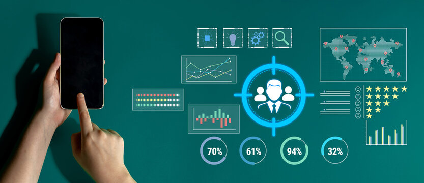 Business analytics and digital interaction with smartphone displaying data visualization and user engagement metrics on green background Fluxor.