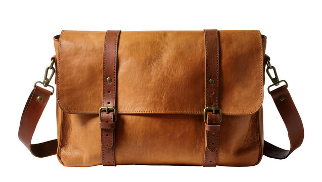 Isolated brown leather messenger shoulder bag with vintage buckles and straps