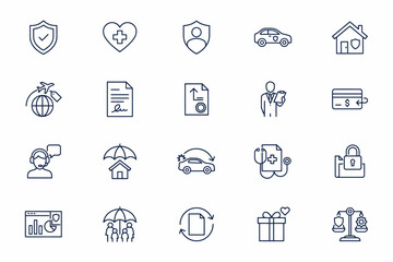 Fototapeta premium Collection of twenty linear depicting insurance, security, business, and financial services on a white background