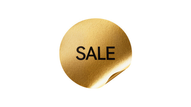 Isolated golden round sale sticker with peeled corner showing promotion discount